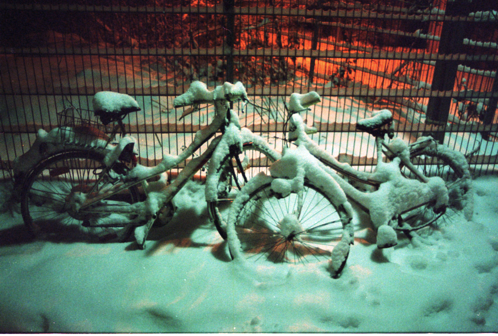 Bikes covered with snow in the berliner winter